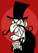 Drawing of an archetypal villain, evil grin, long mustache, clasped hands, and top hat on a red background.