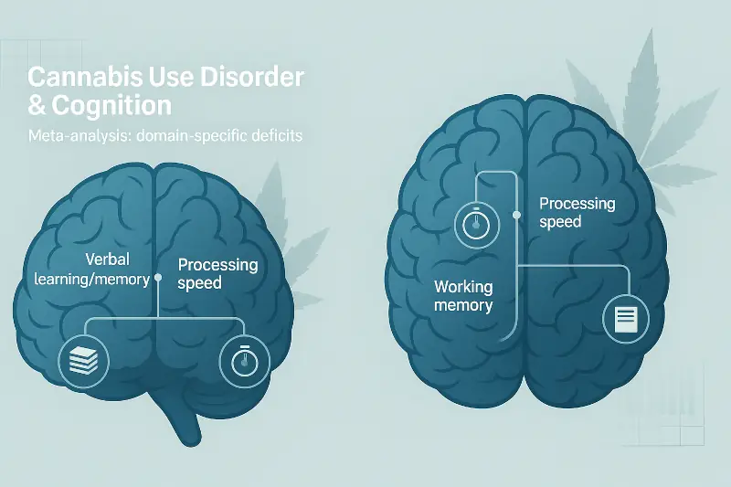 Cannabis Use Disorder; diagram of a brain and examples of domain-specific deficits