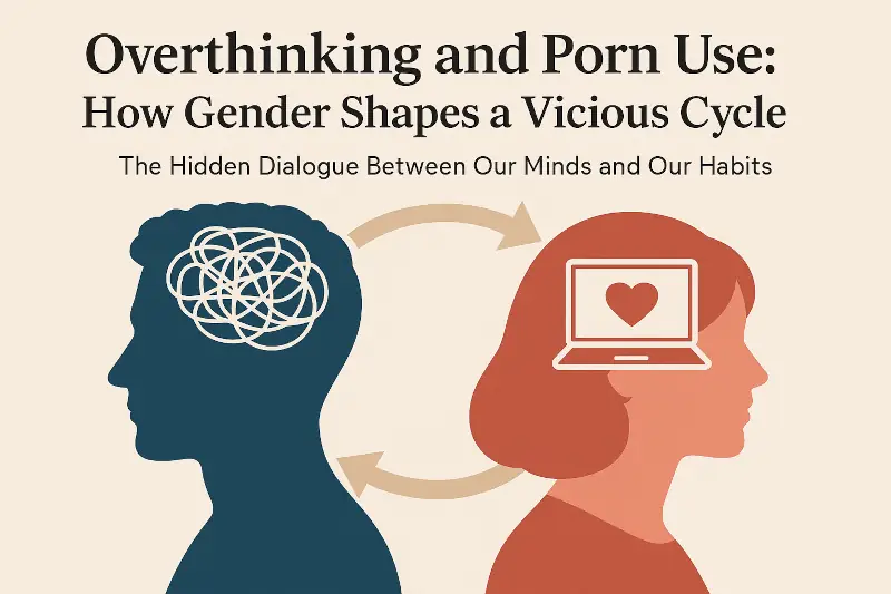 Text at top: Overthinking and Porn Use; How Gender Shapes a vicious cycle. The hidden dialogue between our minds and our habits. Image of a man with scrambled lines in his brain and woman with a computer with a heart on it and arrows linking the two.