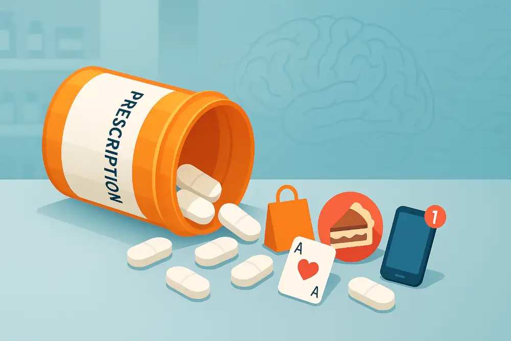 Prescription pill bottle tipped over with pills spilling out alongside icons of a playing card, shopping bag, cake slice, and smartphone, symbolizing hidden behavioral addiction risks in commonly prescribed drugs.