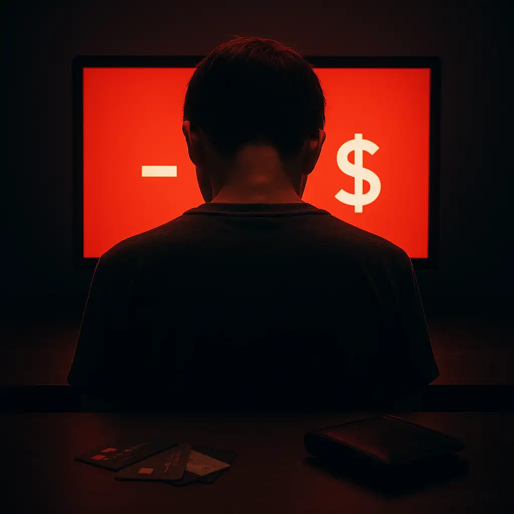 Person seen from behind in a dark room, shoulders slumped in front of a computer screen glowing red with a negative dollar sign, with scattered credit cards and an empty wallet on the desk, illustrating financial stress and overspending associated with gaming disorder.
