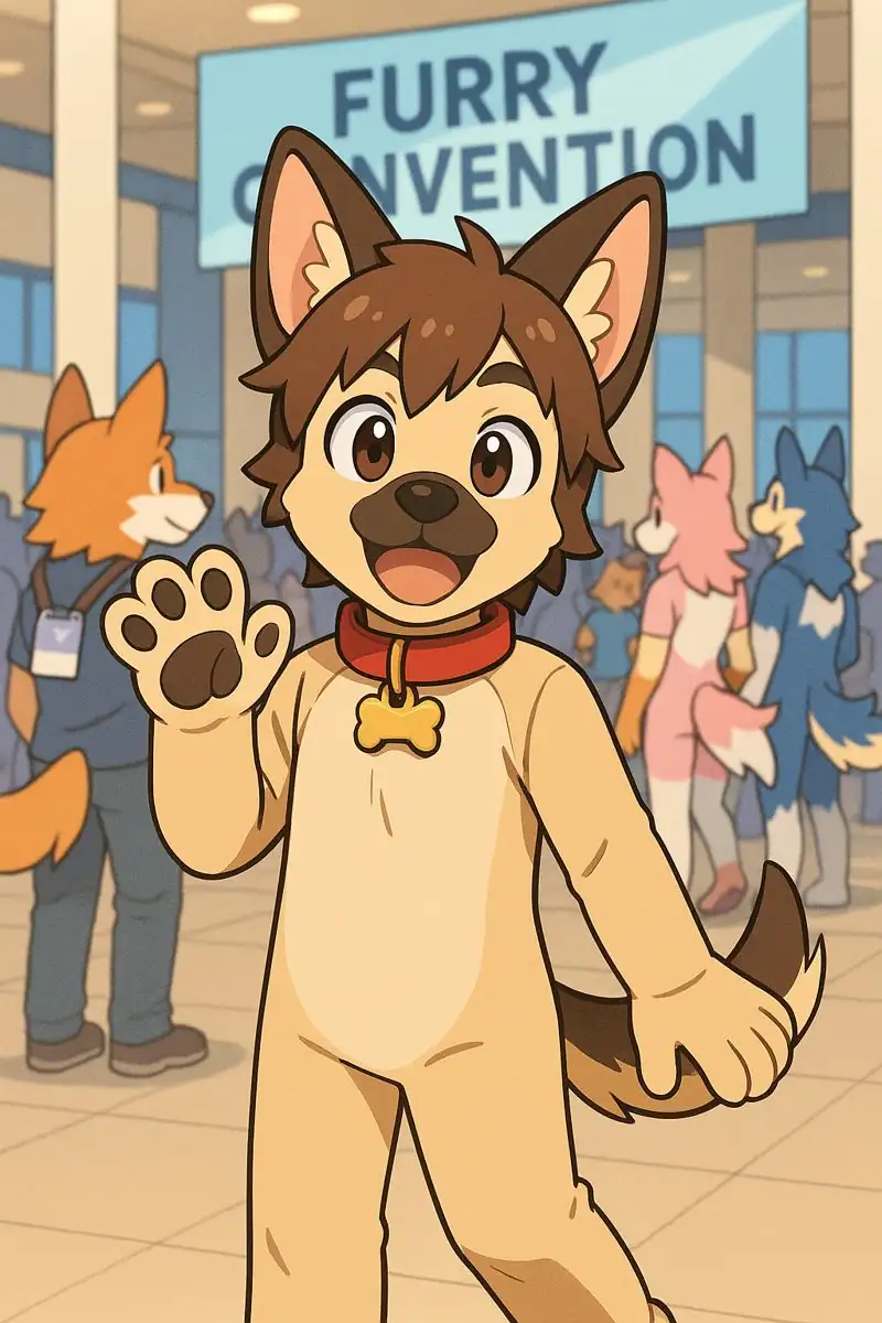 Anime-style illustration of a smiling person in a dog-themed furry costume waving at a busy convention hall, with other costumed attendees and a large “Furry Convention” sign in the background. A representation of how people's kink identities extend beyond their kink communities.