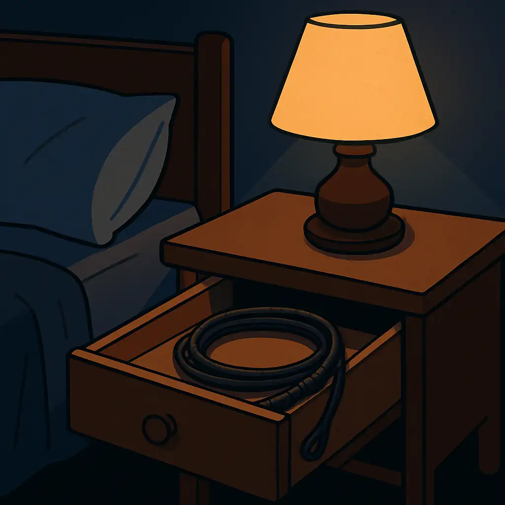 A dimly lit bedroom scene with a wooden nightstand beside a bed, a warm lamp glowing on top, and a neatly coiled black whip visible in the nightstand’s partially open drawer, suggesting kinks and fetishes without showing any people or explicit content.