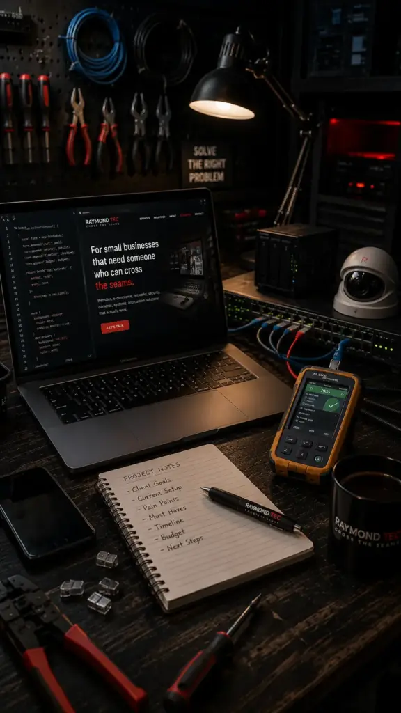 Dark diagnostic workbench with laptop, networking equipment, security camera, cable tester, tools, and project notes representing Raymond Tec technical services.