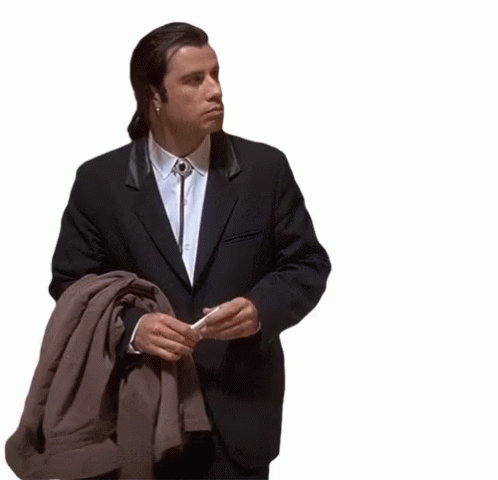 An animated image of John Travolta from "Pulp Fiction" looking around, confused.