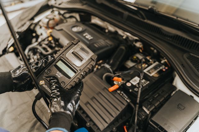 Mechanic using a diagnostic tool on a car engine, illustrating WordPress server troubleshooting.