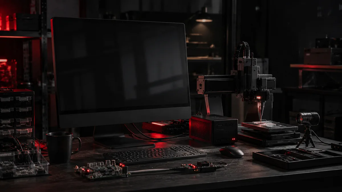 AI-enabled small-business workspace with computing hardware, prototype electronics, a precision fabrication machine, and red accent lighting.