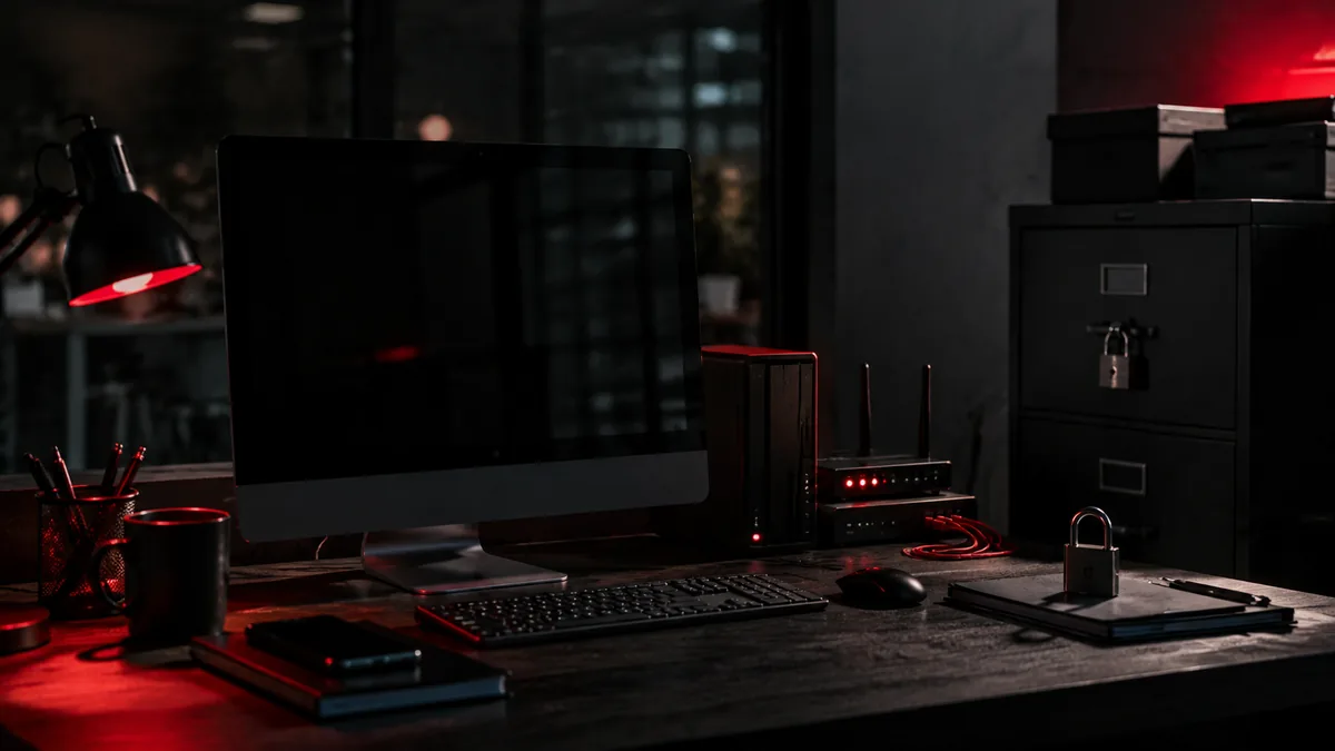 Secure small-business workstation with network equipment, padlocks, and red accent lighting.