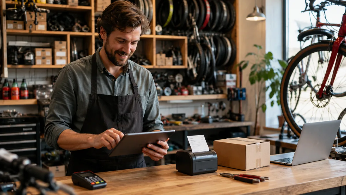 Small bicycle-shop owner using a tablet alongside a card reader, receipt printer, laptop, tools, and shipping package.