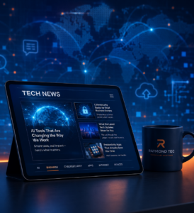 Dark blue technology news scene with a tablet displaying AI, cybersecurity, business, and productivity headlines beside a Raymond Tec mug and connected world map.