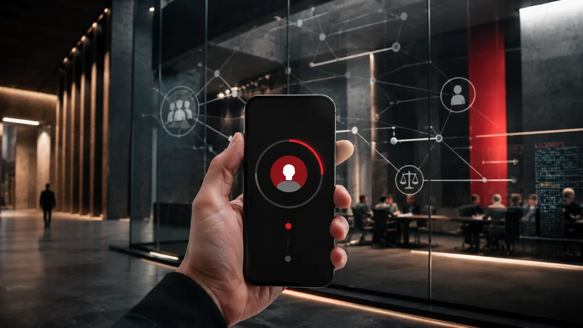 A person holding a smartphone in front of a glass-walled policy meeting, with symbols representing digital identity, networks, and legal rights.
