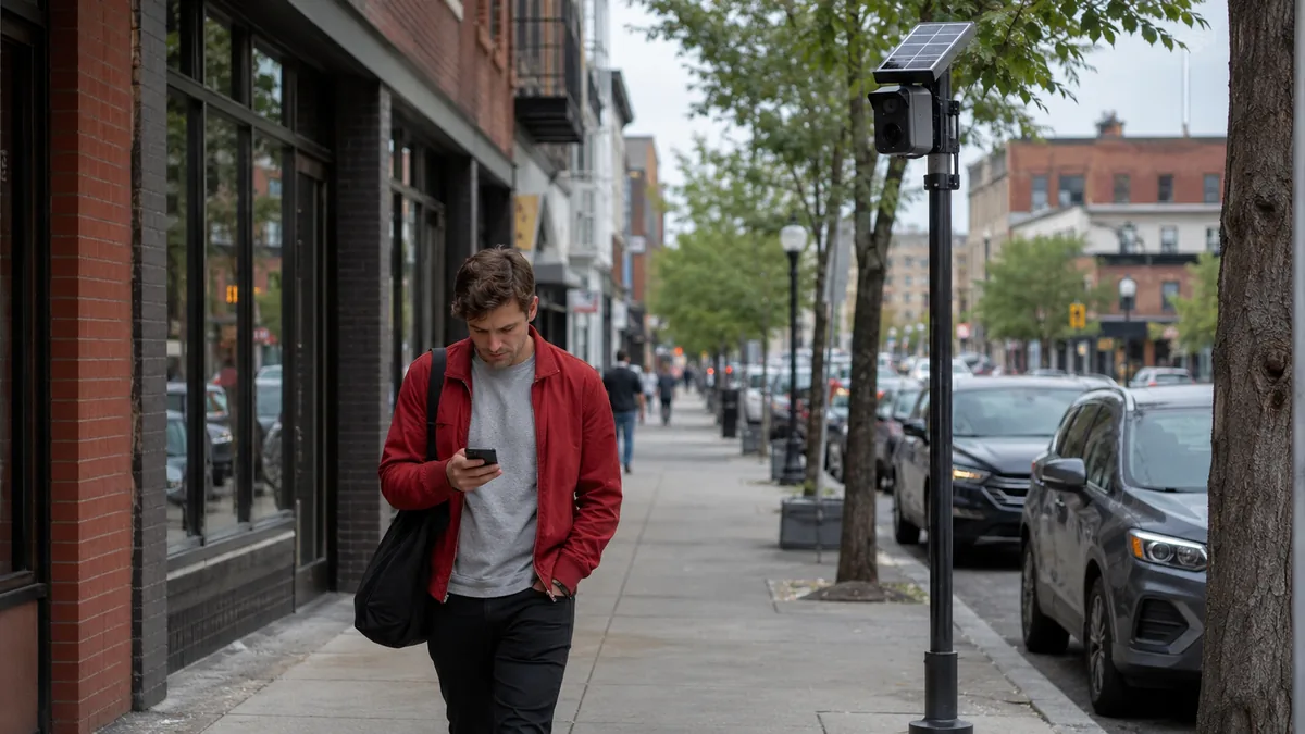 A pedestrian in a red jacket looks at his smartphone while walking past a solar-powered roadside camera on a city sidewalk.