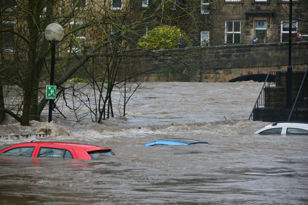 Flooded roadway with submerged cars, illustrating the need for cross-border flood warnings.