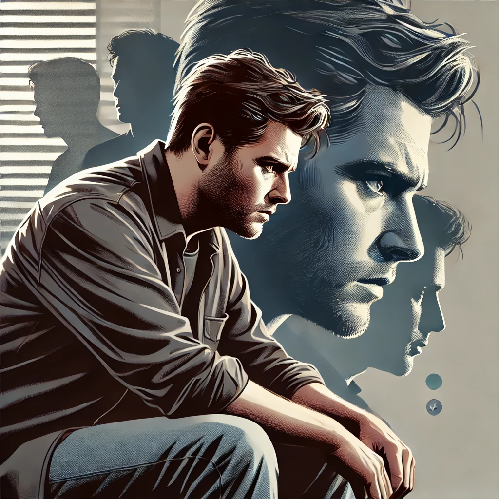 A realistic digital illustration of a man, with compulsive sexual behavior, in his mid-30s sitting alone in a dimly lit room, shown in a reflective or distressed pose. The man's face appears troubled, showing subtle signs of inner turmoil—his eyes are slightly downcast, jaw tense, and brows furrowed. The background is symbolic rather than literal: faint shadows or fragmented reflections of the man appear around him, representing different facets of personality (e.g., shadowy figures symbolizing negative affect, antagonism, detachment, etc.). The color palette is muted—shades of gray, blue, and a touch of red—to evoke emotional tension and psychological complexity. The overall mood is introspective, serious, and clinical, not dramatic or erotic. No explicit content. Style should be clean, modern, and suitable for an academic or therapeutic setting.