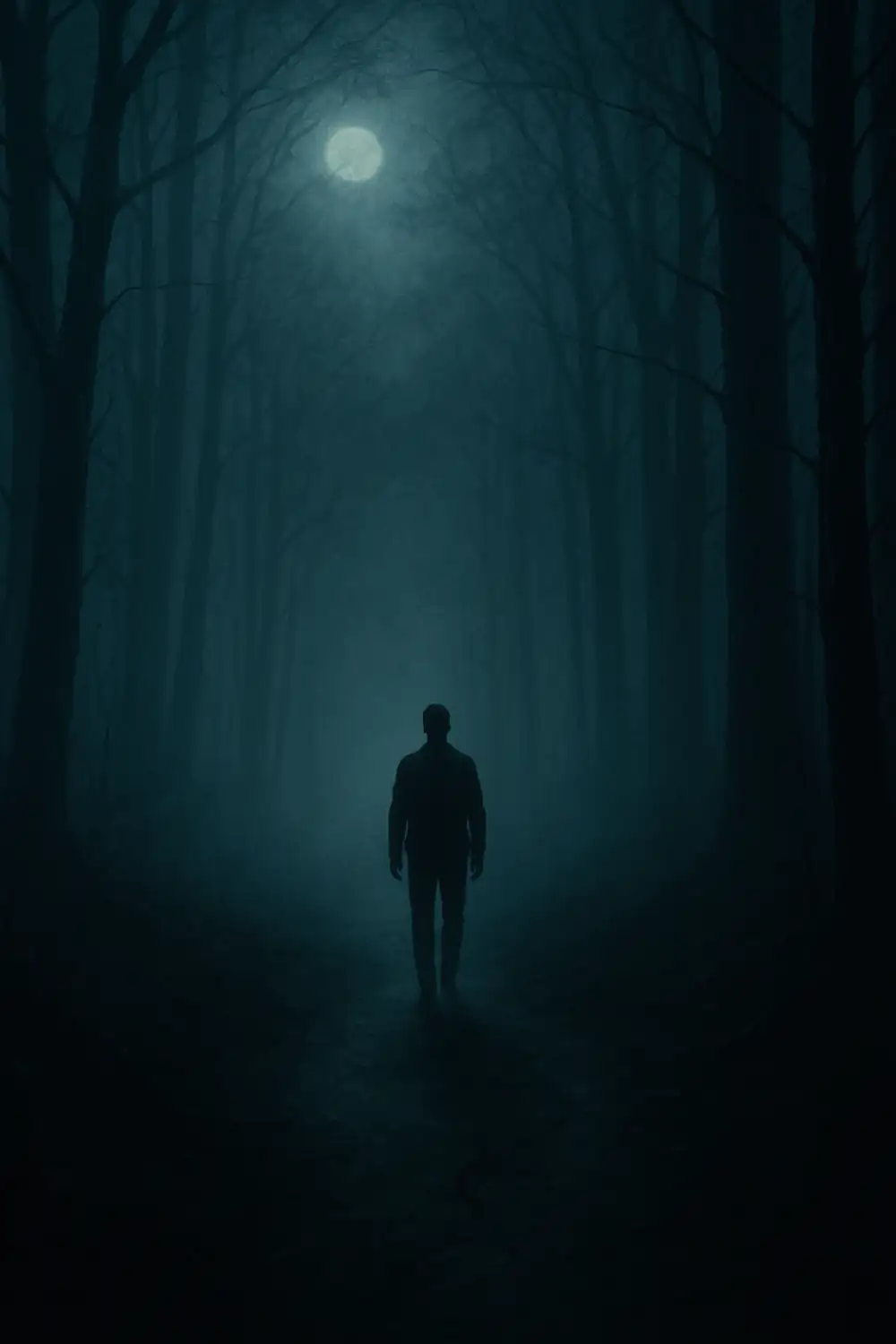 Image of a lone man walking a tree-lined path into the woods with fog surrounding him and a full moon lighting his misty way. The official image of Therapeutic Uses of Horror Films