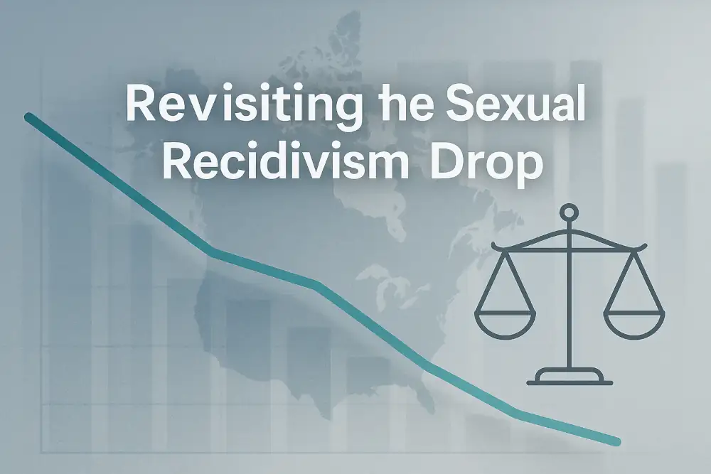 Revisiting the Sexual Recidivism Drop course featured image. Image of the USA and Canada in the background with a downward sloping line across them and a classic "scales of justice" line drawing on the right.