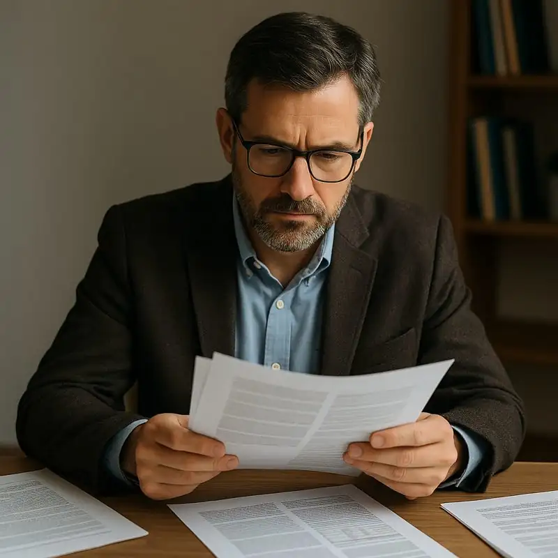 Therapist reviewing research reports at a desk, studying printed pages to evaluate evidence on specialized treatment programs and recidivism outcomes.