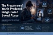 Featured image for an LPC continuing education course on the prevalence of youth-produced image-based sexual abuse, showing a teen using a phone with privacy, consent, and youth-involved perpetrator dynamics represented through digital icons.