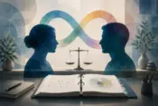 Two people facing each other across an open case file, with a neurodiversity infinity symbol representing autism spectrum disorder and balanced scales in the background.
